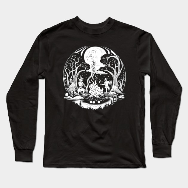 White Night of Abstract Witches' Coven Forest Campfire Long Sleeve T-Shirt by vystudio